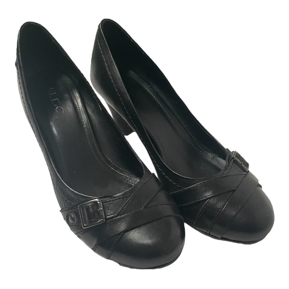 Aldo Black Leather Criss Cross Buckle Heels Size 39